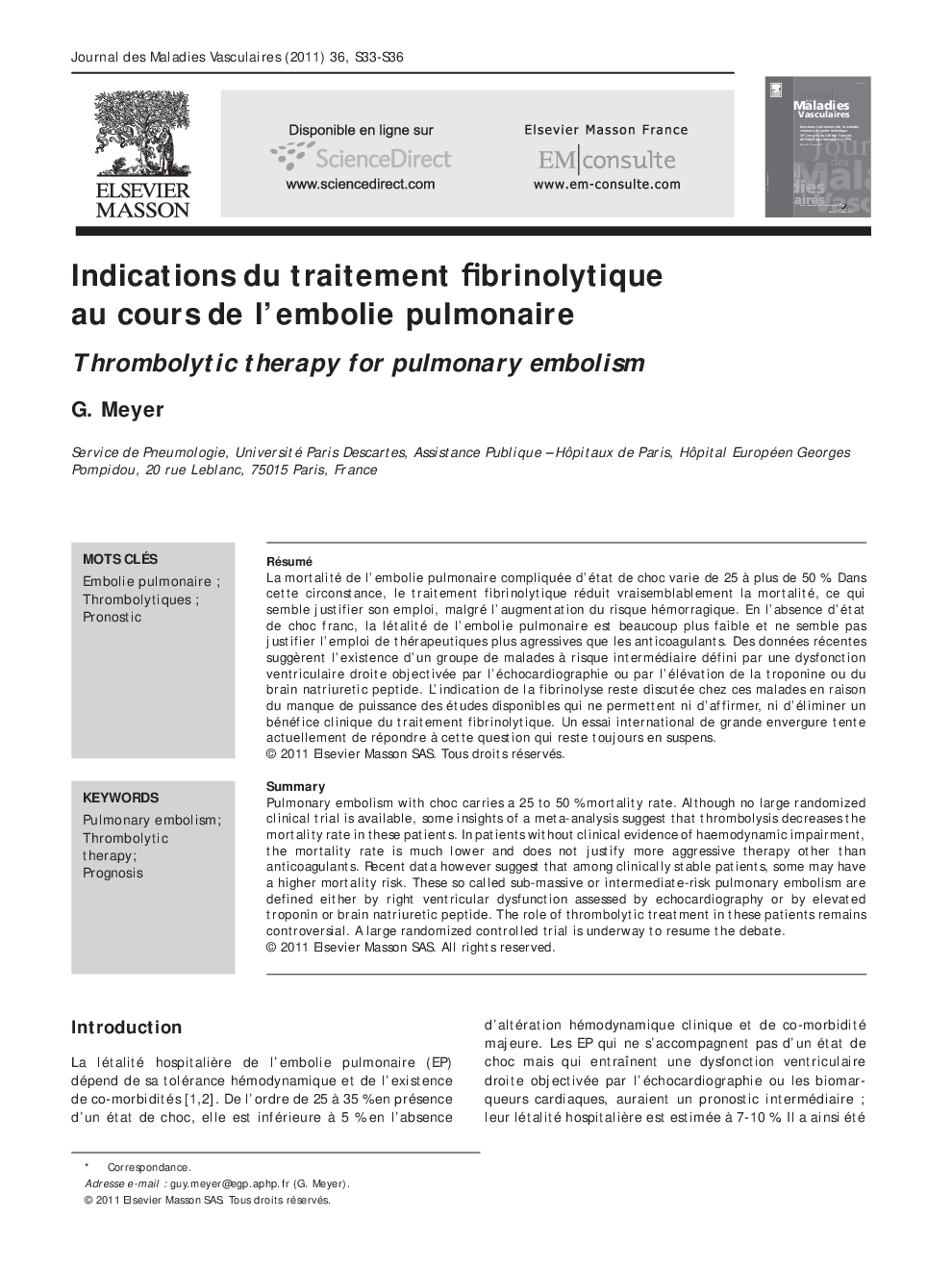 Indications du traitement fibrinolytique au cours de l'embolie pulmonaire