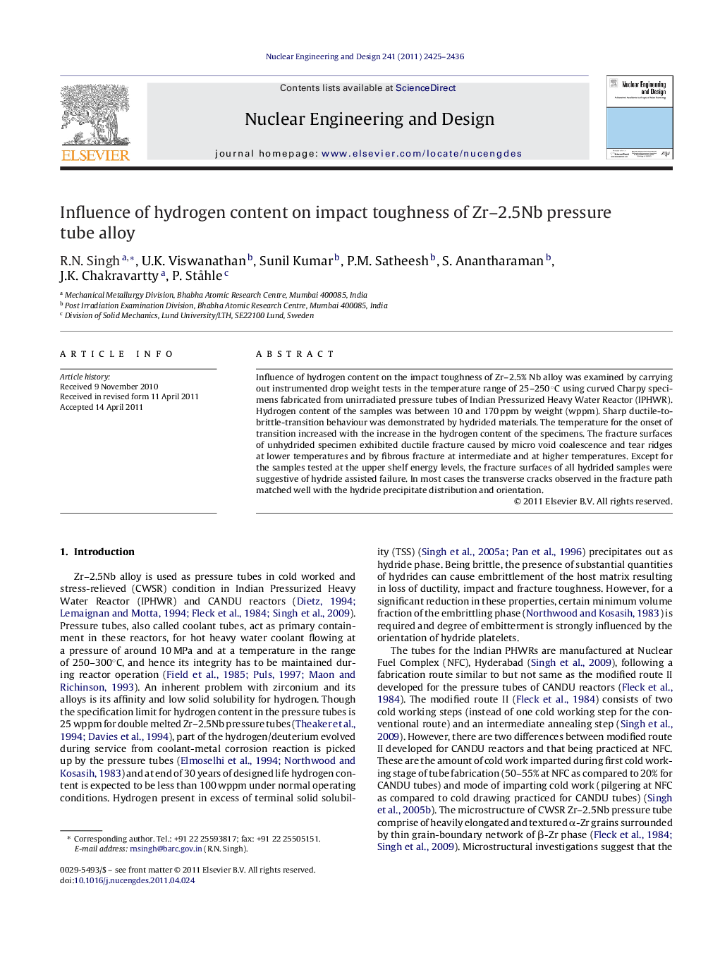 Influence of hydrogen content on impact toughness of Zr–2.5Nb pressure tube alloy