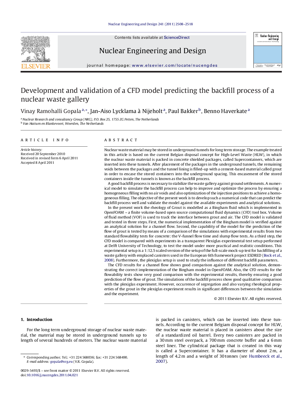 Development and validation of a CFD model predicting the backfill process of a nuclear waste gallery