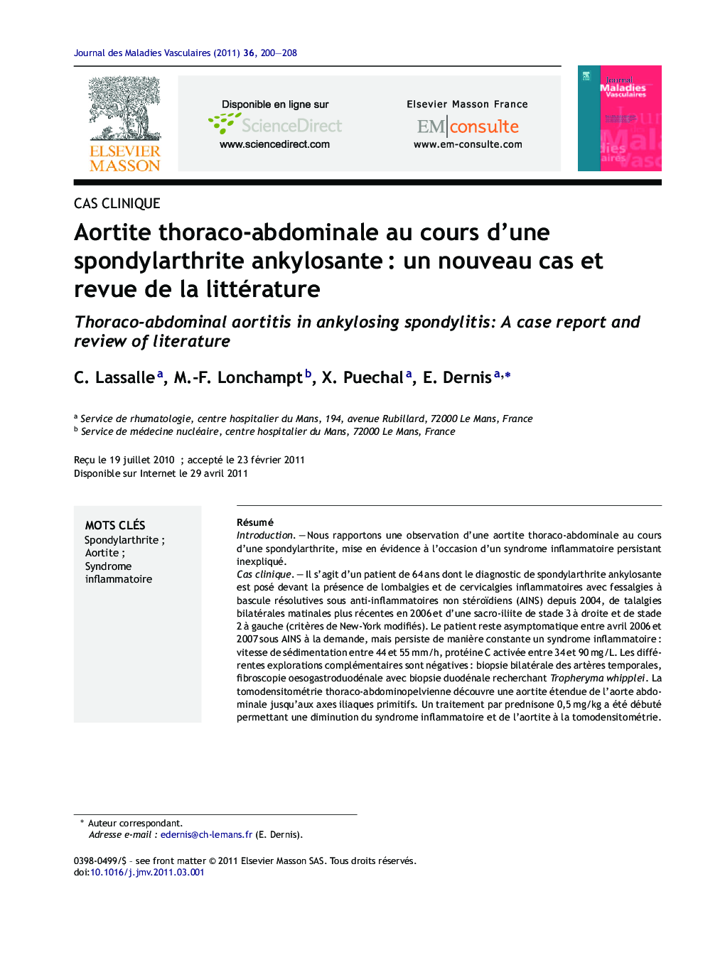 Aortite thoraco-abdominale au cours d'une spondylarthrite ankylosanteÂ : un nouveau cas et revue de la littérature