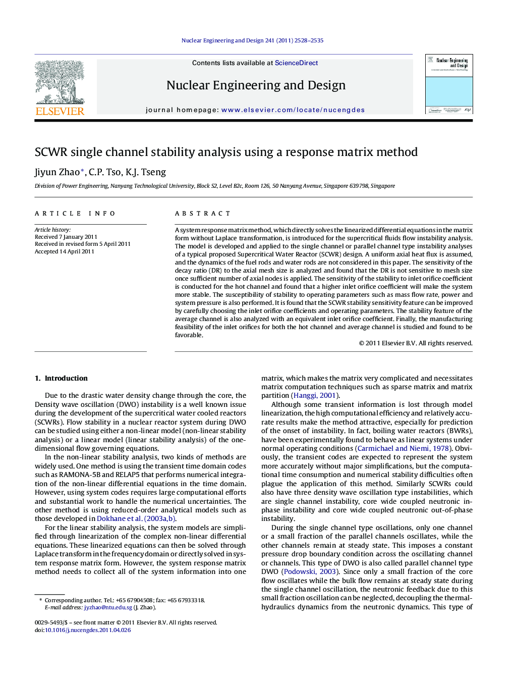 عکس صفحه اول مقاله: SCWR single channel stability analysis using a response matrix method SCWR single channel stability analysis using a response matrix method