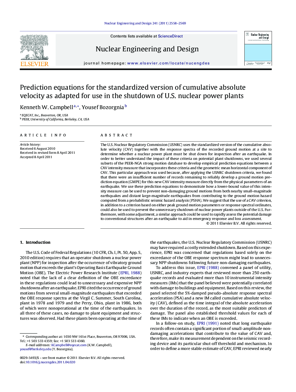 عکس صفحه اول مقاله: Prediction equations for the standardized version of cumulative absolute velocity as adapted for use in the shutdown of U.S. nuclear power plants Prediction equations for the standardized version of cumulative absolute velocity as adapted for use in the shutdown of U.S. nuclear power plants