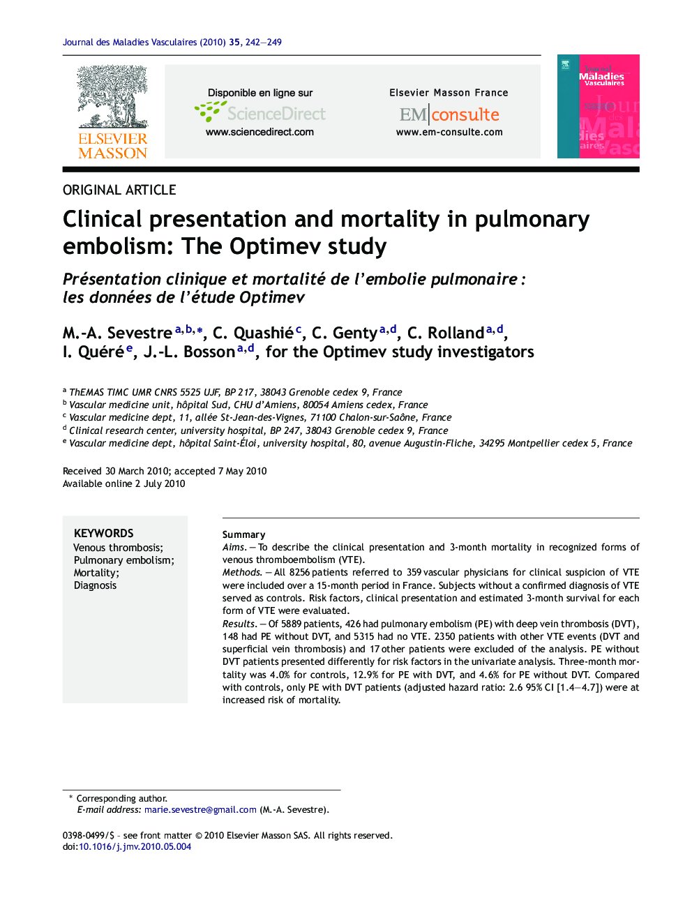 Clinical presentation and mortality in pulmonary embolism: The Optimev study