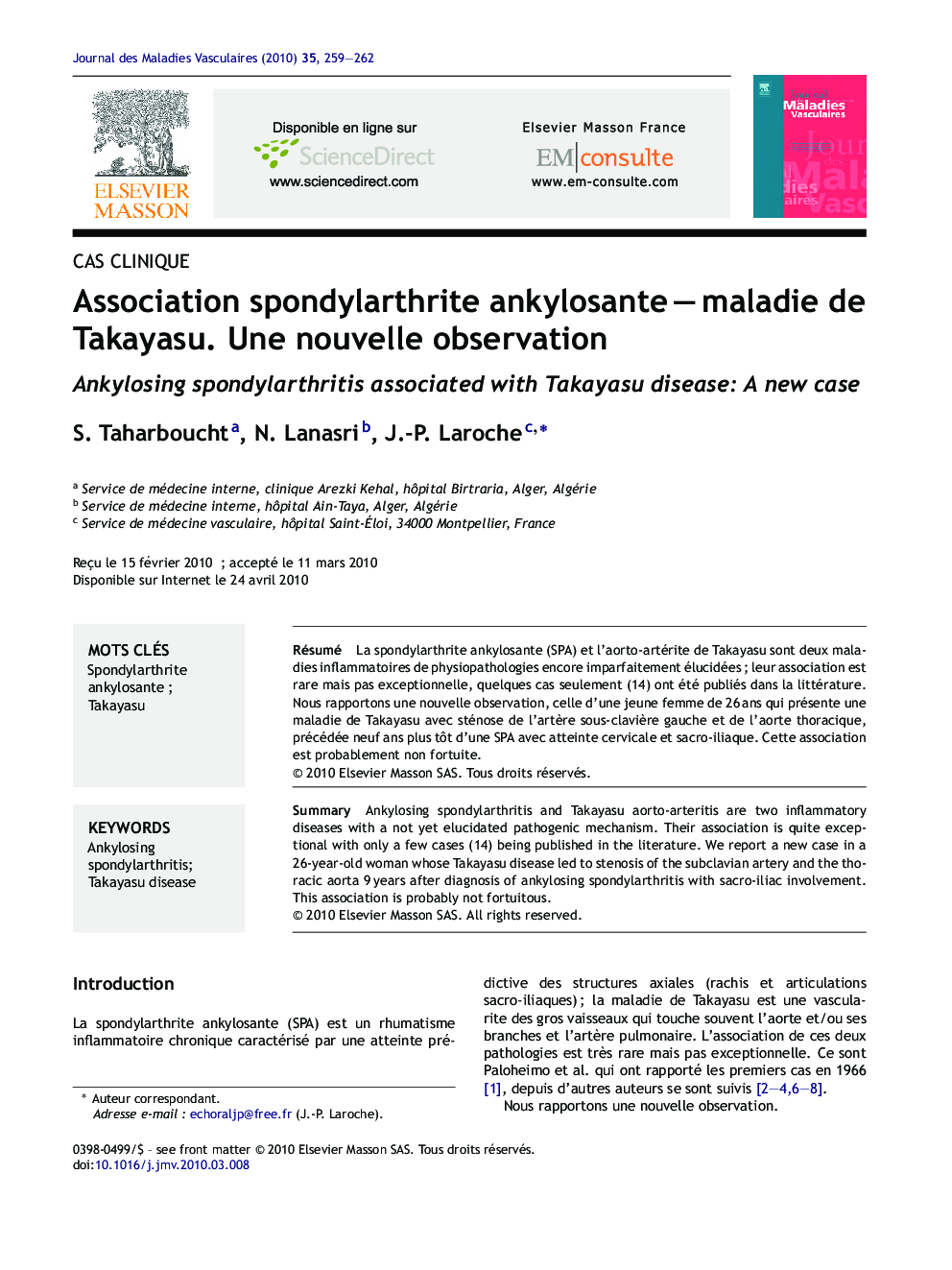 Association spondylarthrite ankylosanteÂ -Â maladie de Takayasu. Une nouvelle observation