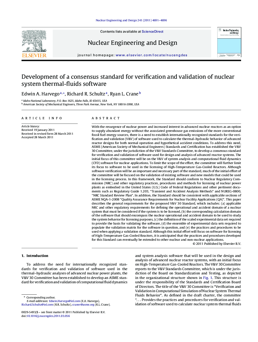 Development of a consensus standard for verification and validation of nuclear system thermal-fluids software