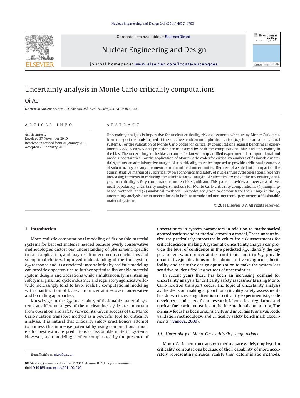 Uncertainty analysis in Monte Carlo criticality computations