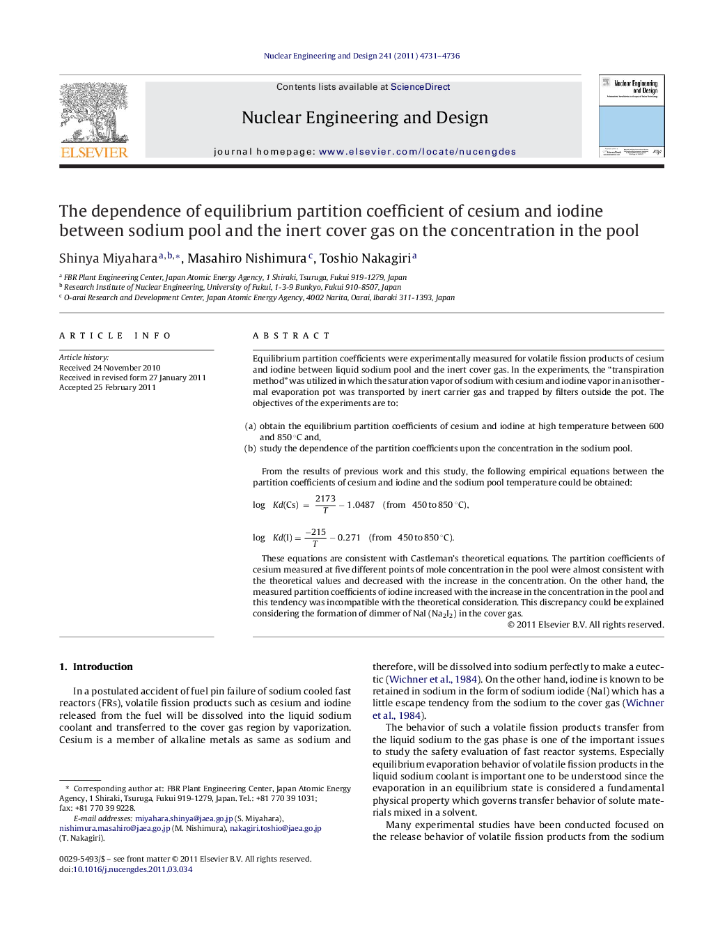 The dependence of equilibrium partition coefficient of cesium and iodine between sodium pool and the inert cover gas on the concentration in the pool