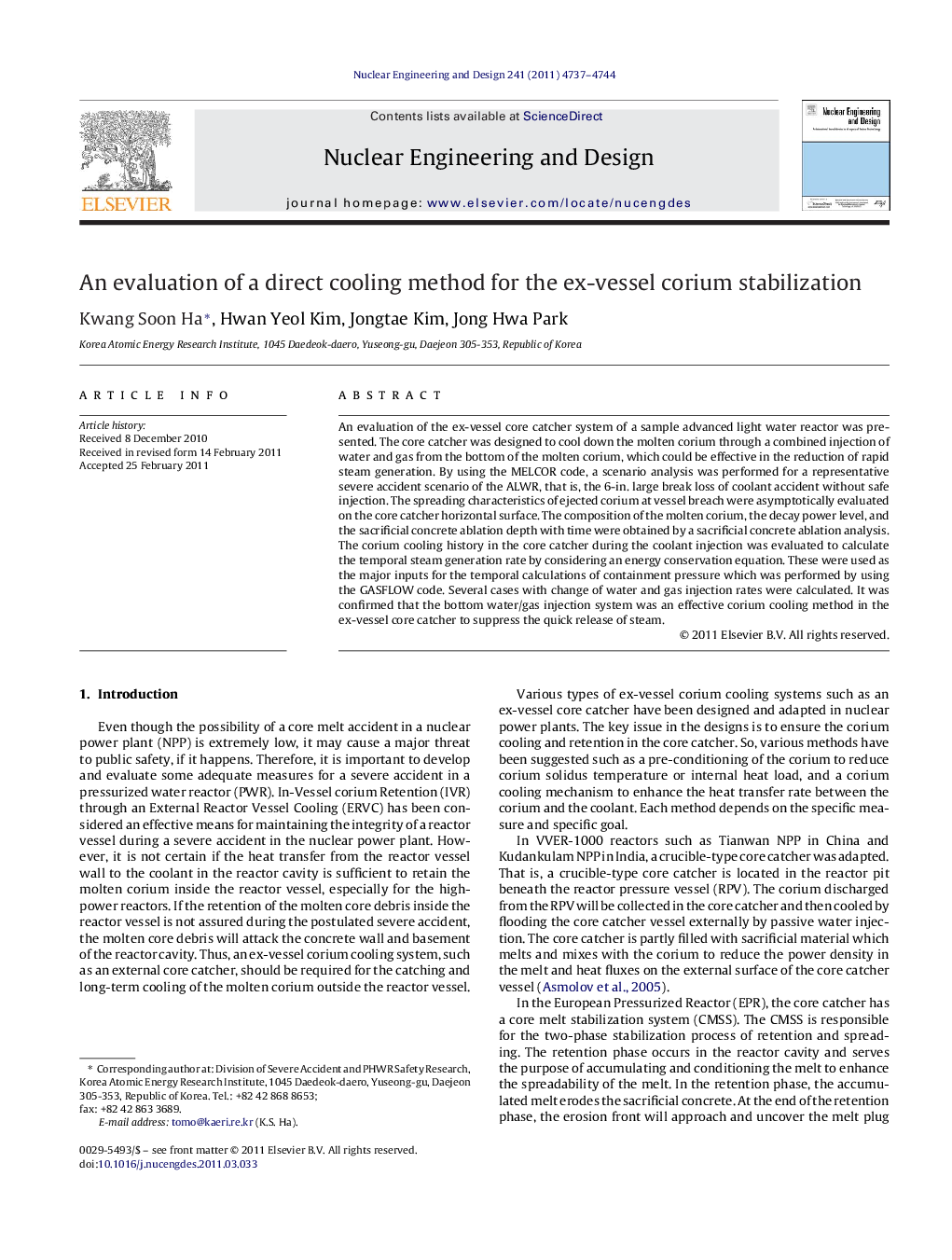 عکس صفحه اول مقاله: An evaluation of a direct cooling method for the ex-vessel corium stabilization An evaluation of a direct cooling method for the ex-vessel corium stabilization