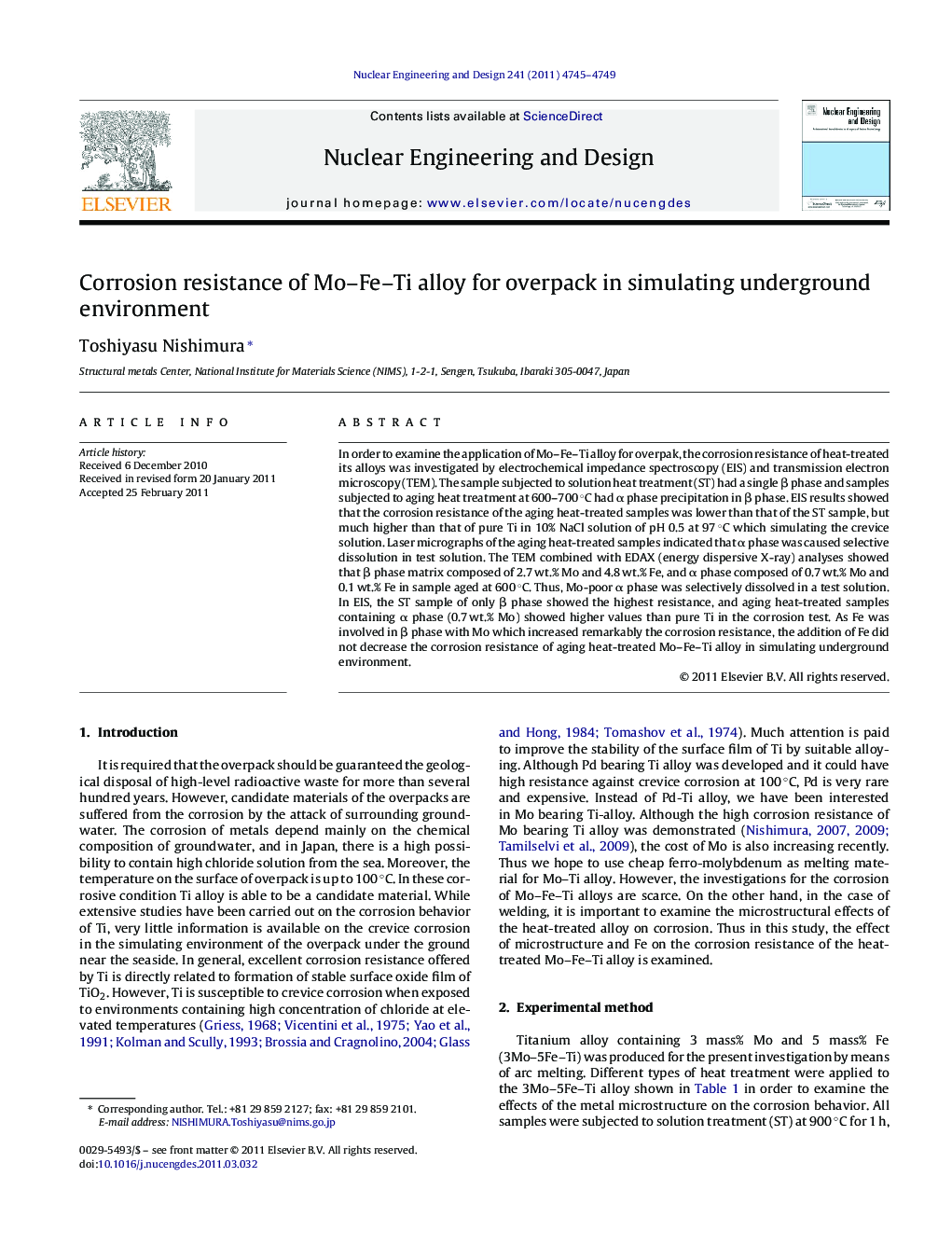 Corrosion resistance of Mo–Fe–Ti alloy for overpack in simulating underground environment