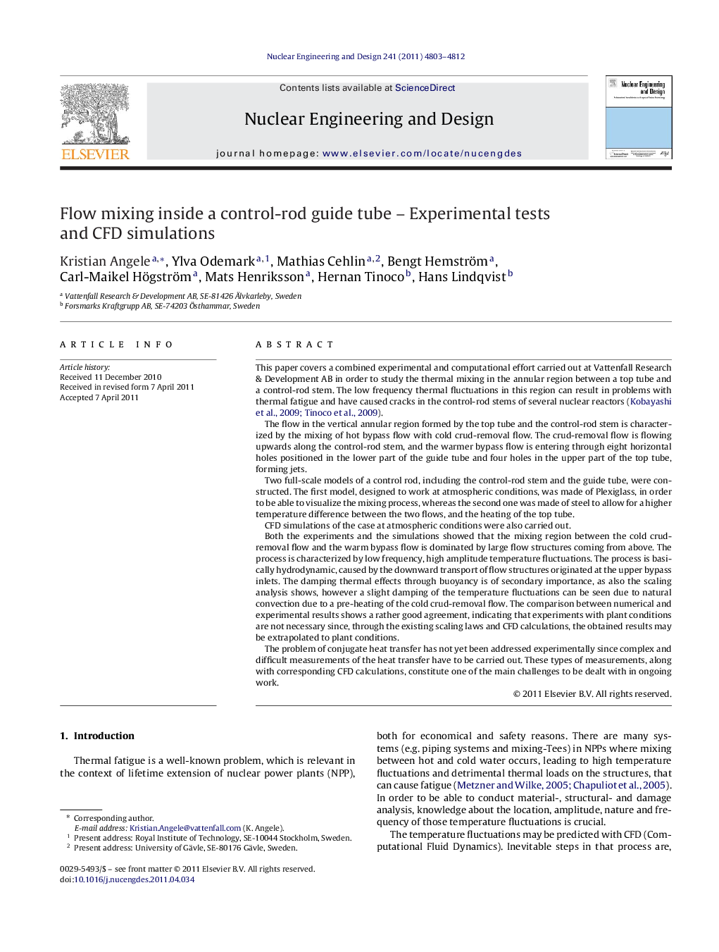 عکس صفحه اول مقاله: Flow mixing inside a control-rod guide tube – Experimental tests and CFD simulations Flow mixing inside a control-rod guide tube – Experimental tests and CFD simulations