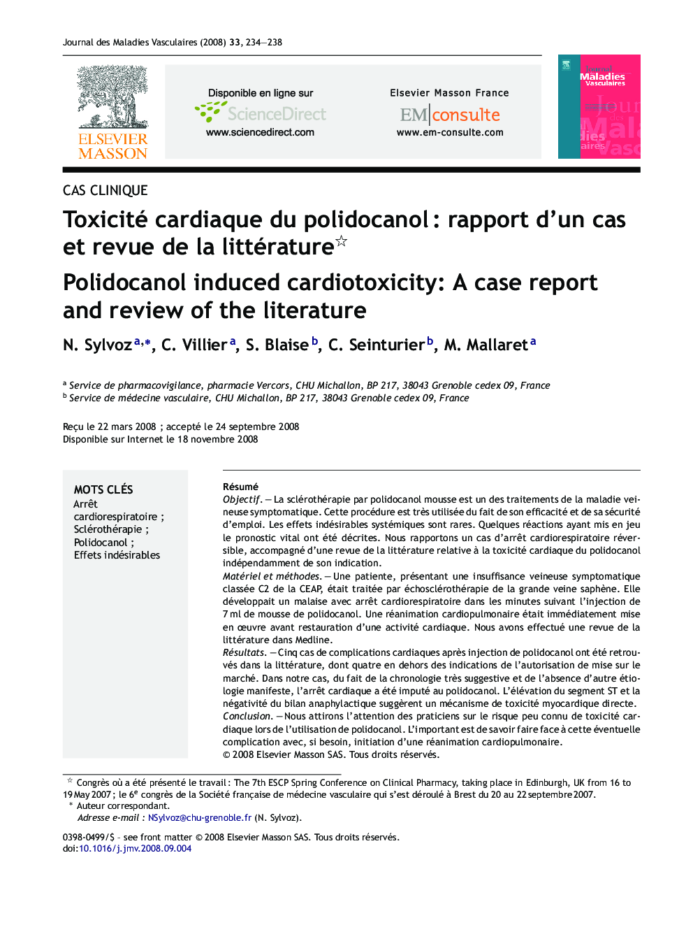 Toxicité cardiaque du polidocanolÂ : rapport d'un cas et revue de la littérature