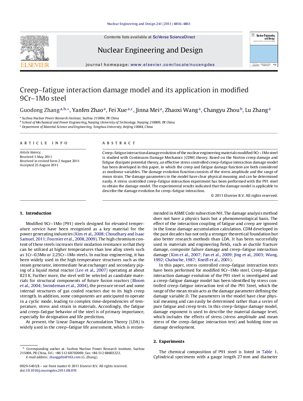 Creep–fatigue interaction damage model and its application in modified 9Cr–1Mo steel
