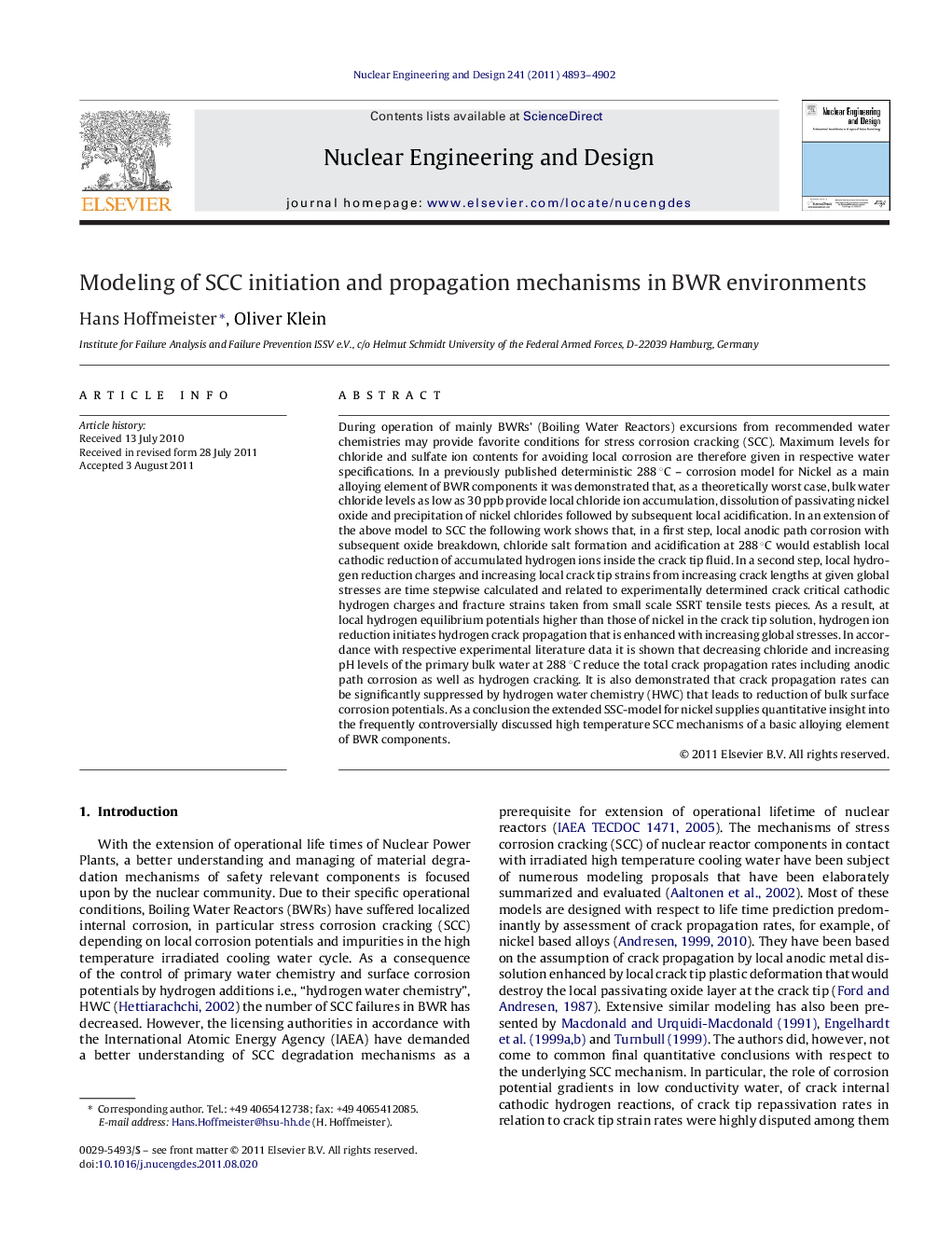 عکس صفحه اول مقاله: Modeling of SCC initiation and propagation mechanisms in BWR environments Modeling of SCC initiation and propagation mechanisms in BWR environments