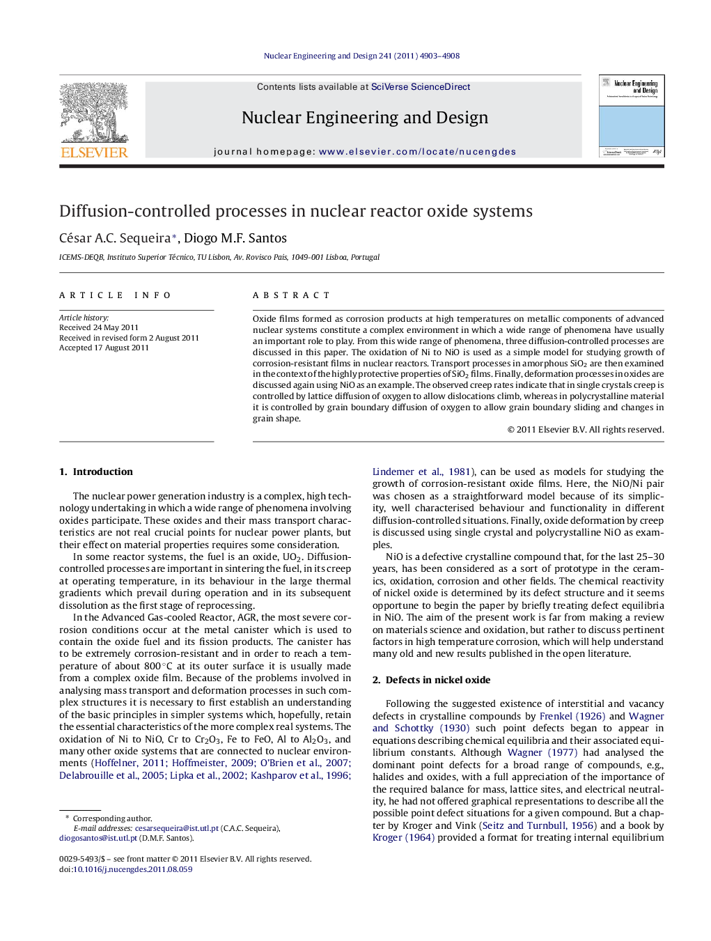 Diffusion-controlled processes in nuclear reactor oxide systems