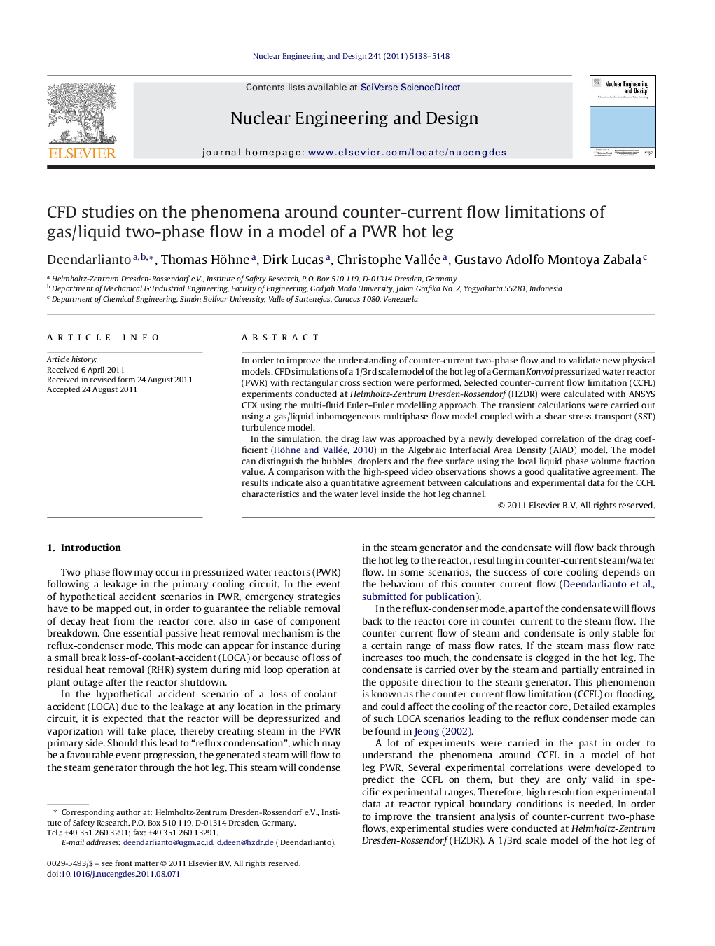 CFD studies on the phenomena around counter-current flow limitations of gas/liquid two-phase flow in a model of a PWR hot leg
