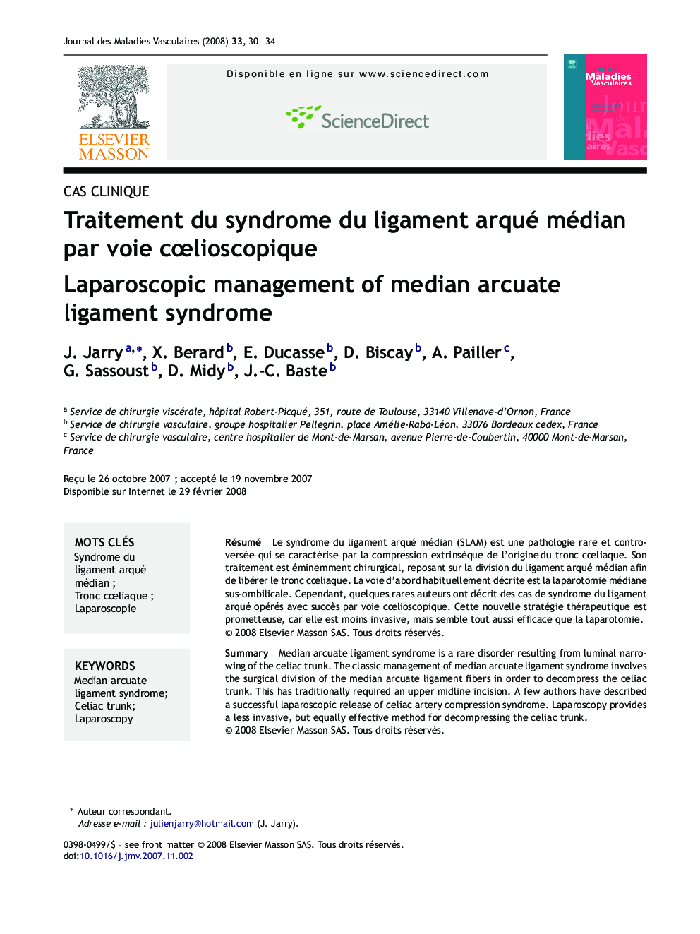 Traitement du syndrome du ligament arqué médian par voie cÅlioscopique