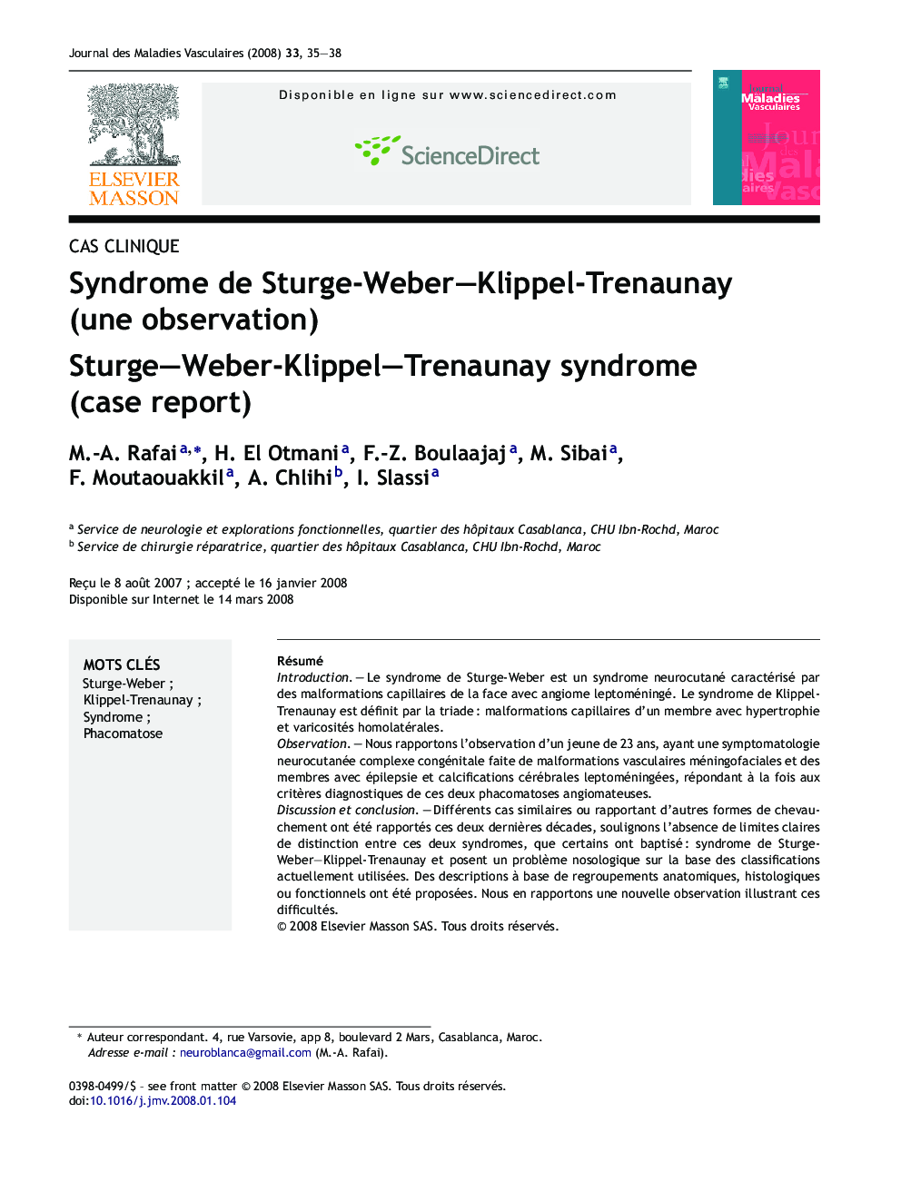 Syndrome de Sturge-Weber-Klippel-Trenaunay (une observation)