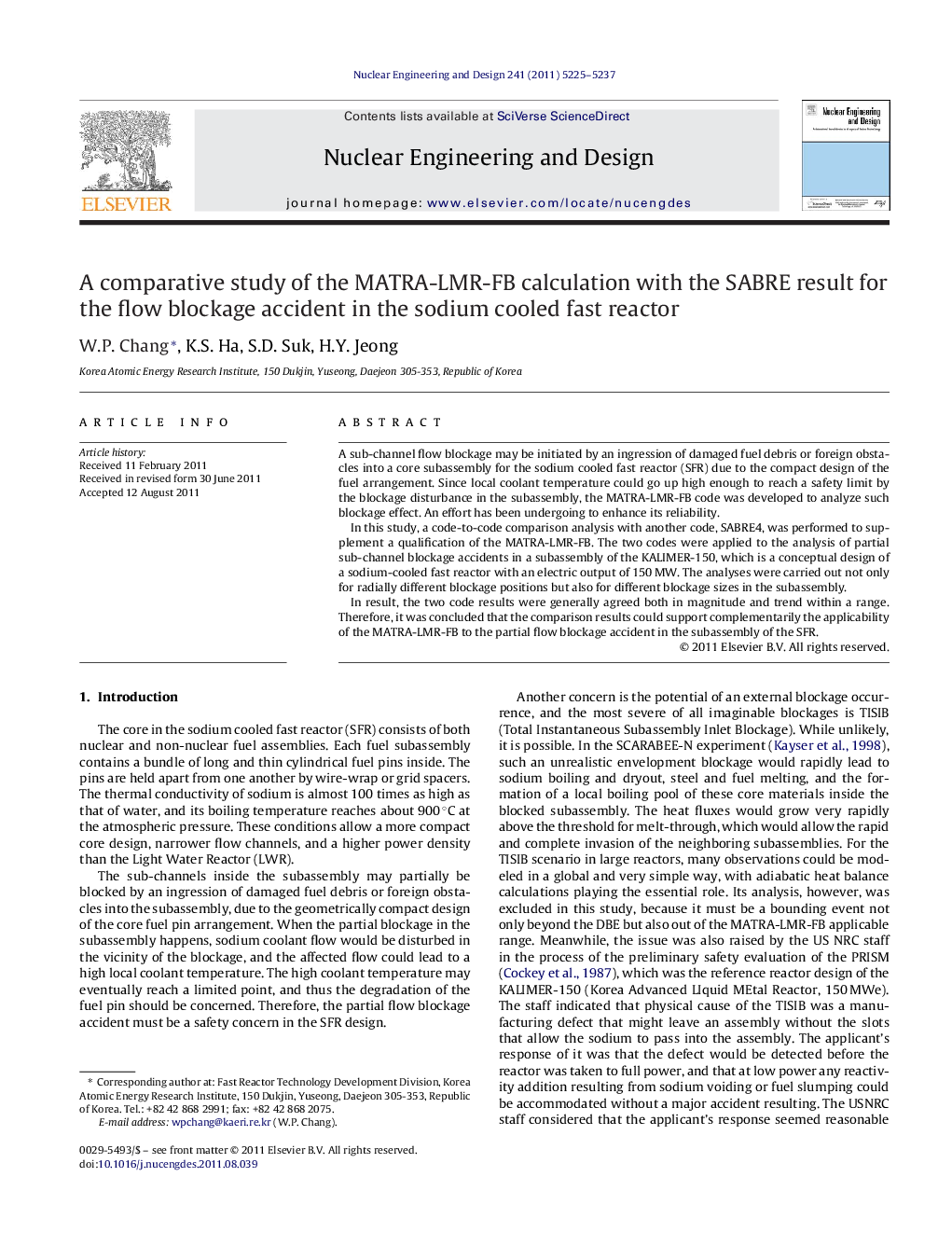 A comparative study of the MATRA-LMR-FB calculation with the SABRE result for the flow blockage accident in the sodium cooled fast reactor