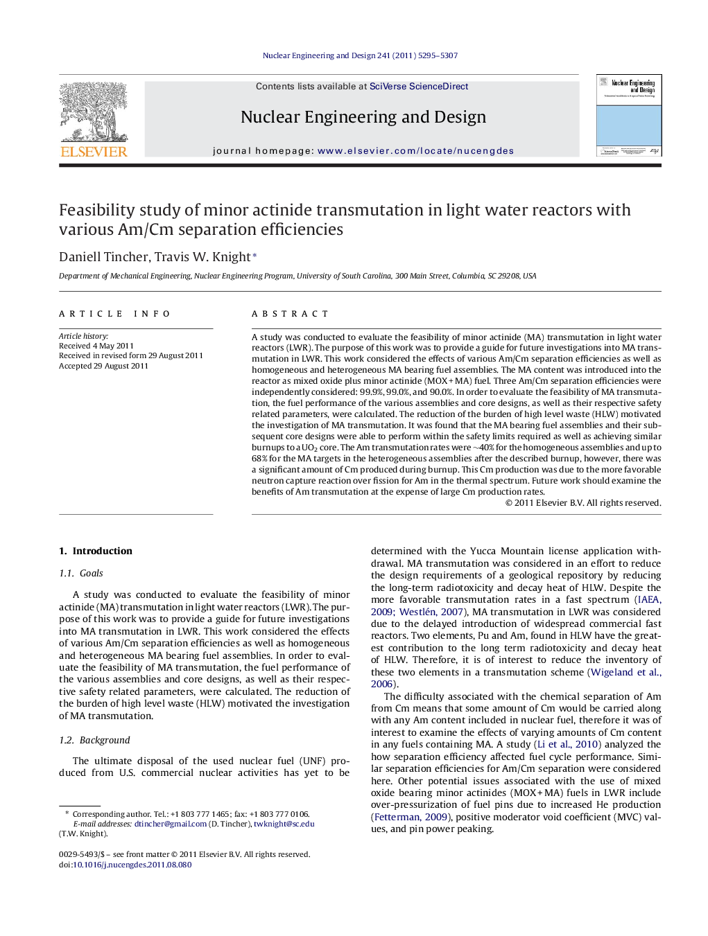 Feasibility study of minor actinide transmutation in light water reactors with various Am/Cm separation efficiencies