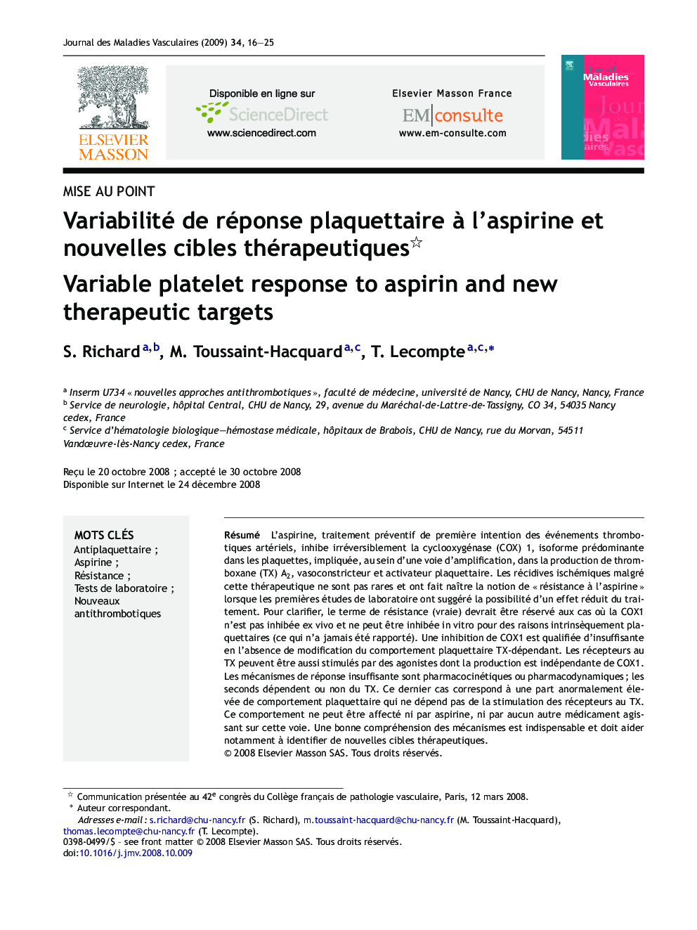 Variabilité de réponse plaquettaire Ã  l'aspirine et nouvelles cibles thérapeutiques