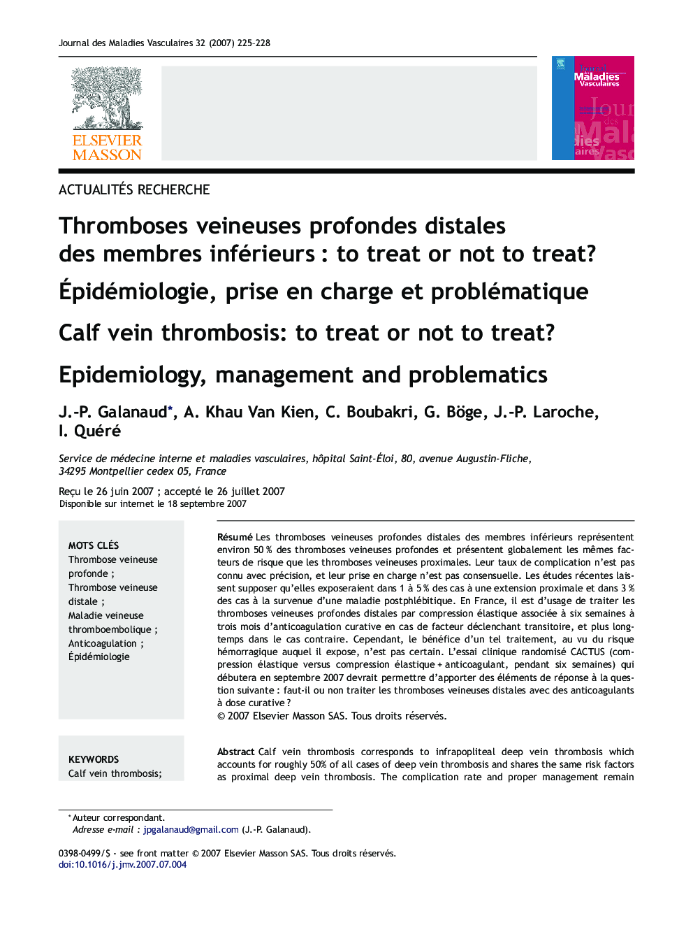 Thromboses veineuses profondes distales desÂ membres inférieursÂ : to treat orÂ not to treat?