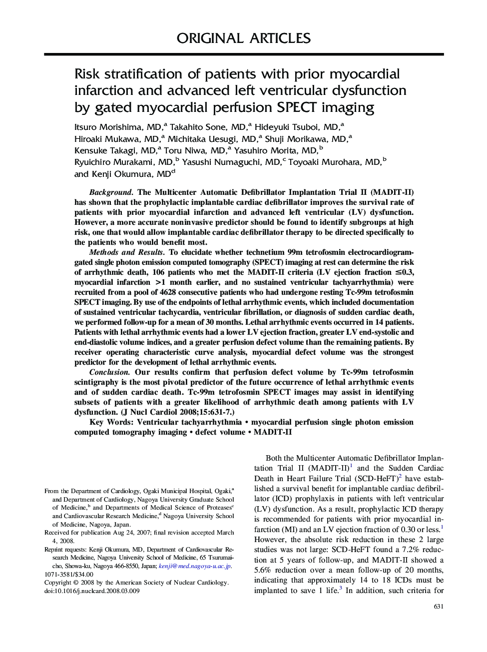 Risk stratification of patients with prior myocardial infarction and advanced left ventricular dysfunction by gated myocardial perfusion SPECT imaging