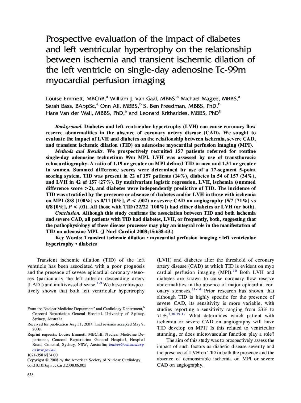 Prospective evaluation of the impact of diabetes and left ventricular hypertrophy on the relationship between ischemia and transient ischemic dilation of the left ventricle on single-day adenosine Tc-99m myocardial perfusion imaging