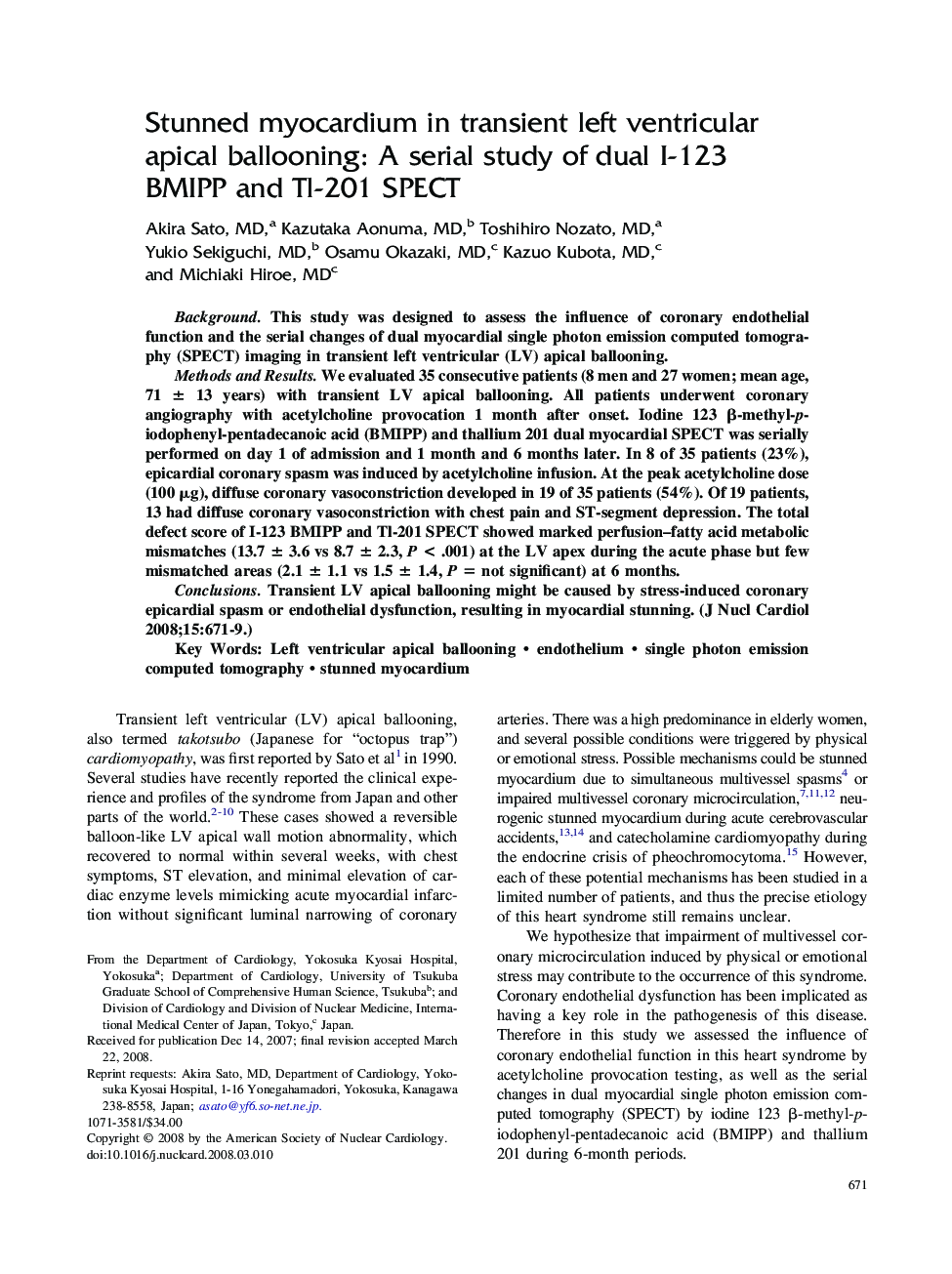 Stunned myocardium in transient left ventricular apical ballooning: A serial study of dual I-123 BMIPP and Tl-201 SPECT