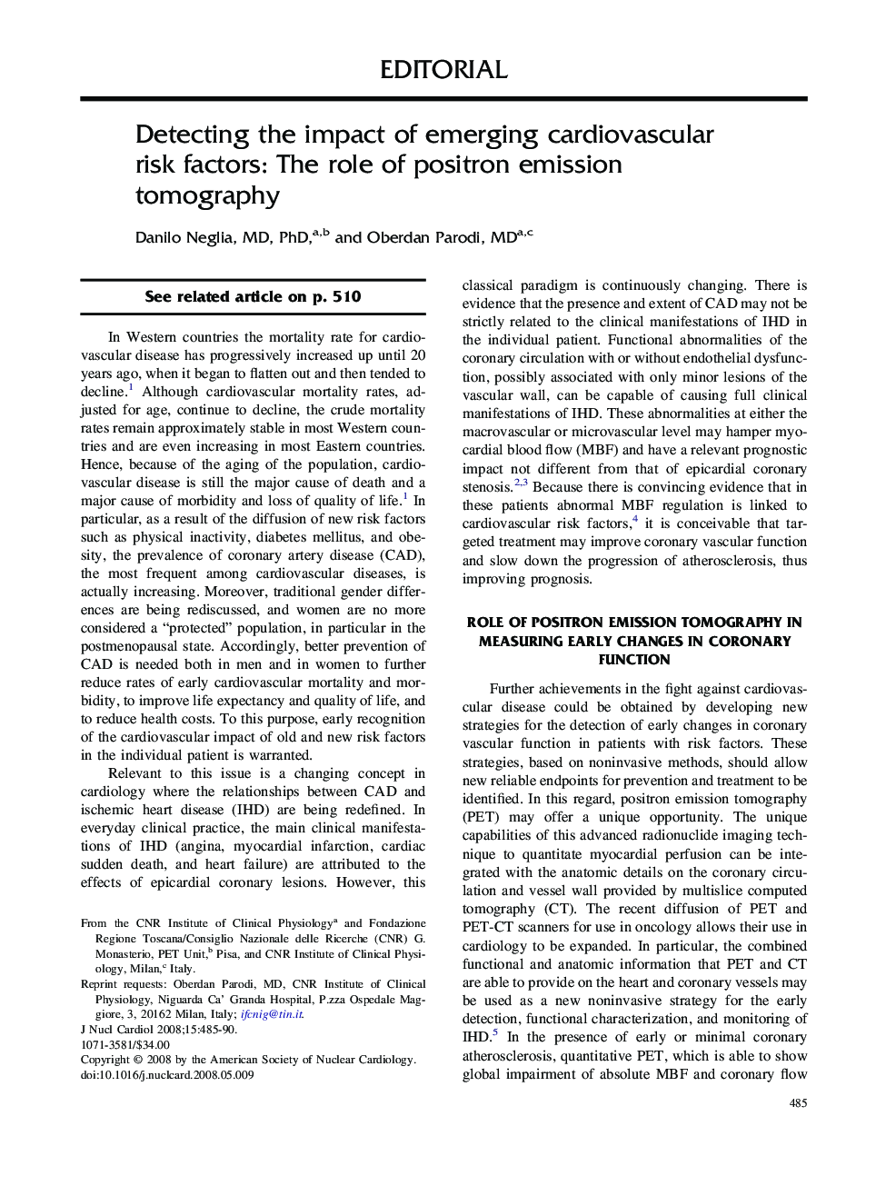عکس صفحه اول مقاله: Detecting the impact of emerging cardiovascular risk factors: The role of positron emission tomography Detecting the impact of emerging cardiovascular risk factors: The role of positron emission tomography