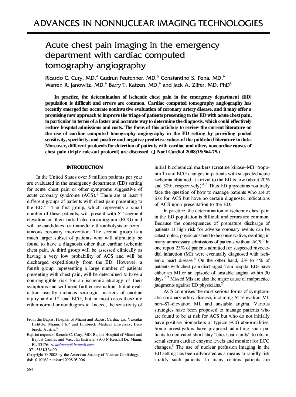 عکس صفحه اول مقاله: Acute chest pain imaging in the emergency department with cardiac computed tomography angiography Acute chest pain imaging in the emergency department with cardiac computed tomography angiography
