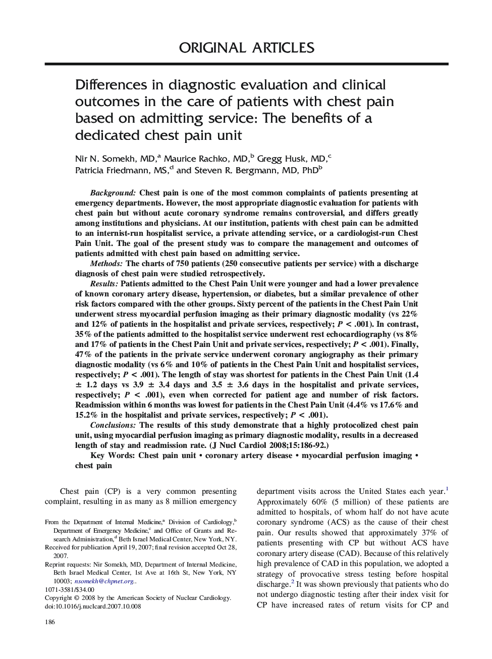 Differences in diagnostic evaluation and clinical outcomes in the care of patients with chest pain based on admitting service: The benefits of a dedicated chest pain unit