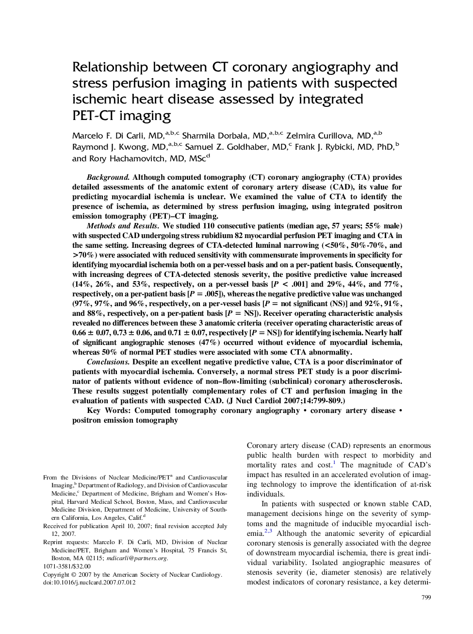 Relationship between CT coronary angiography and stress perfusion imaging in patients with suspected ischemic heart disease assessed by integrated PET-CT imaging