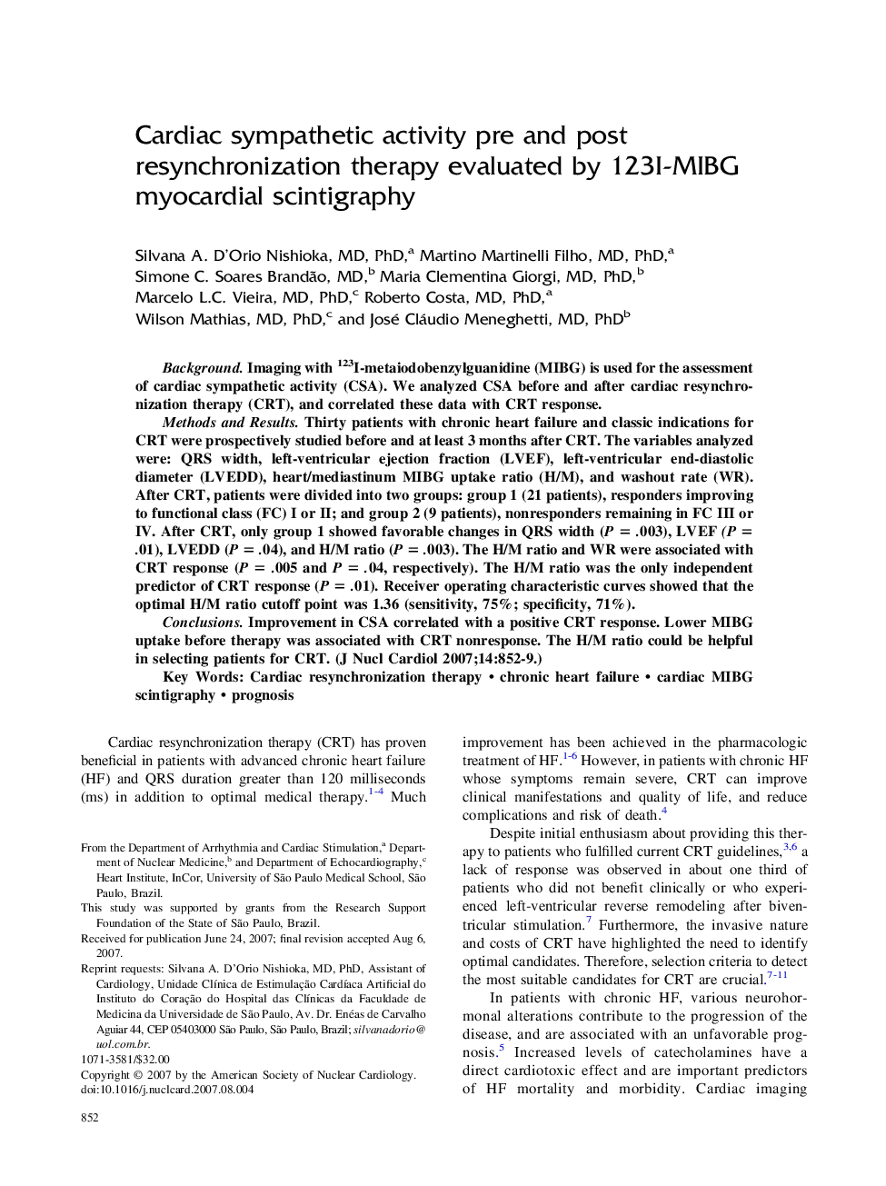 Cardiac sympathetic activity pre and post resynchronization therapy evaluated by 123I-MIBG myocardial scintigraphy