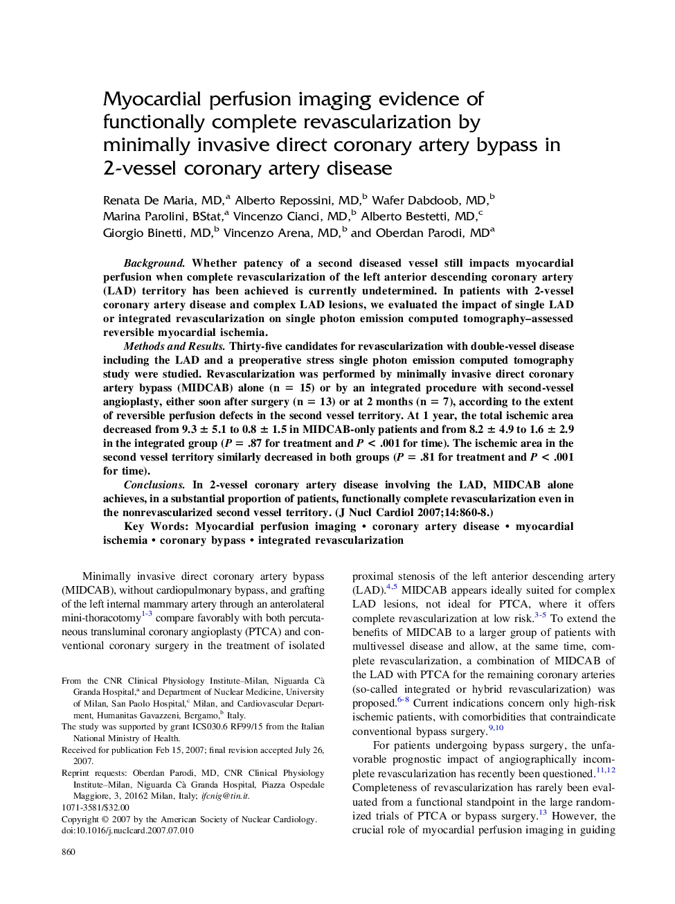 Myocardial perfusion imaging evidence of functionally complete revascularization by minimally invasive direct coronary artery bypass in 2-vessel coronary artery disease