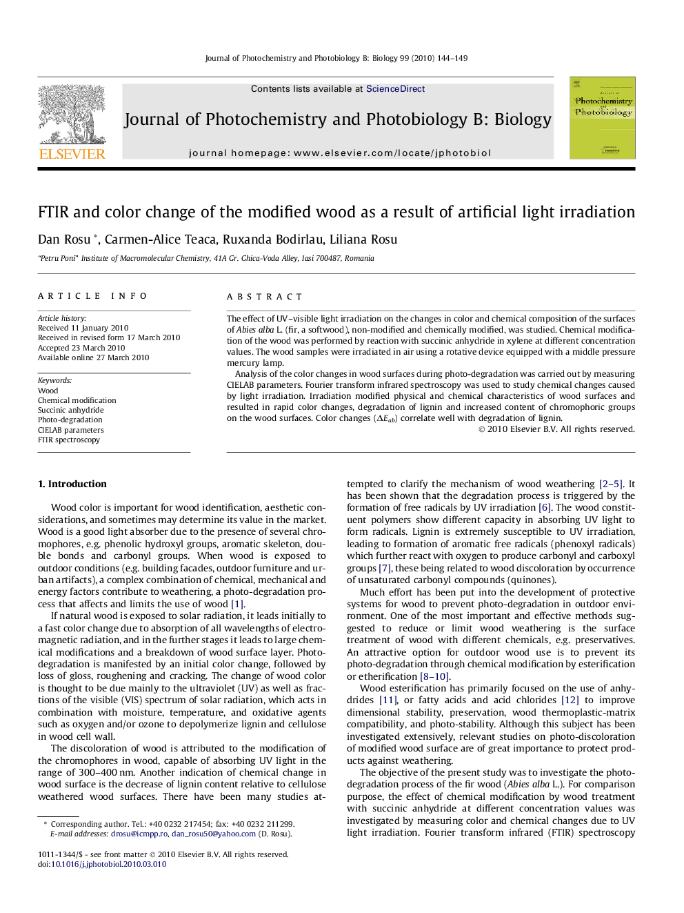 FTIR and color change of the modified wood as a result of artificial light irradiation