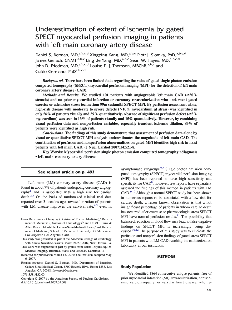 Underestimation of extent of ischemia by gated SPECT myocardial perfusion imaging in patients with left main coronary artery disease