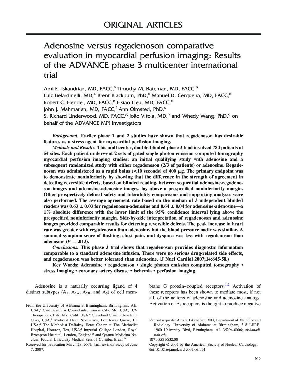 Adenosine versus regadenoson comparative evaluation in myocardial perfusion imaging: Results of the ADVANCE phase 3 multicenter international trial