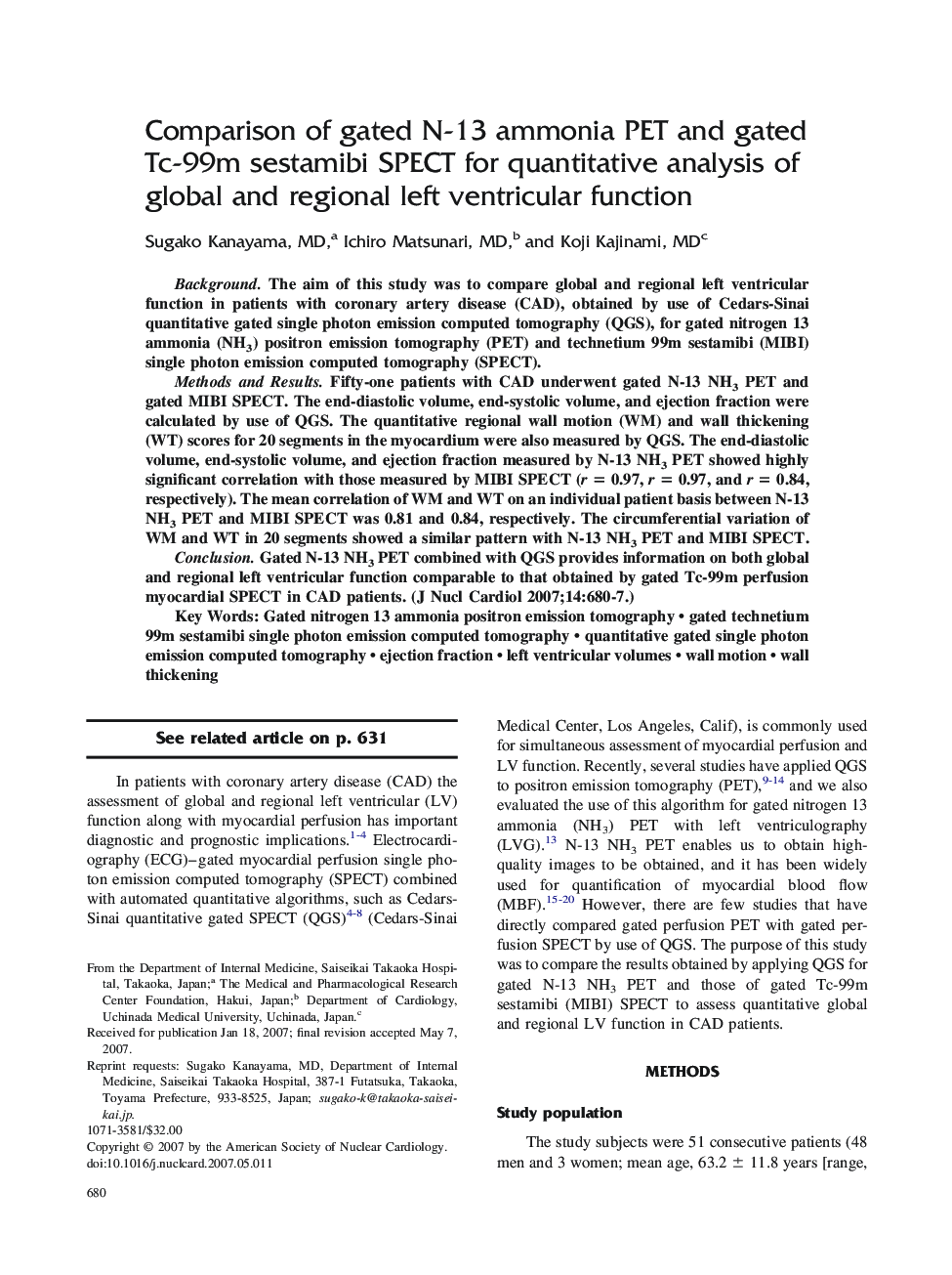 Comparison of gated N-13 ammonia PET and gated Tc-99m sestamibi SPECT for quantitative analysis of global and regional left ventricular function