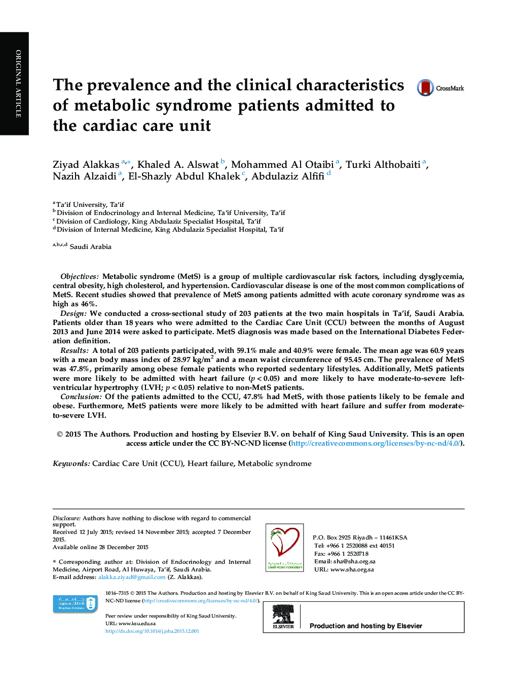 The prevalence and the clinical characteristics of metabolic syndrome patients admitted to the cardiac care unit 