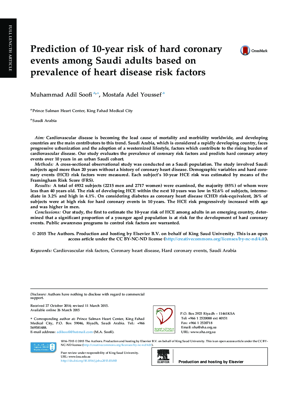 Prediction of 10-year risk of hard coronary events among Saudi adults based on prevalence of heart disease risk factors 
