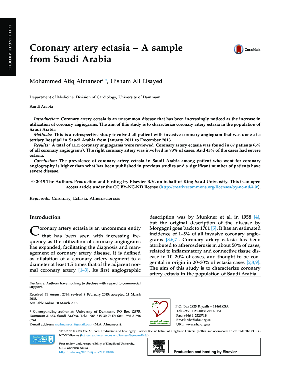 Coronary artery ectasia – A sample from Saudi Arabia 