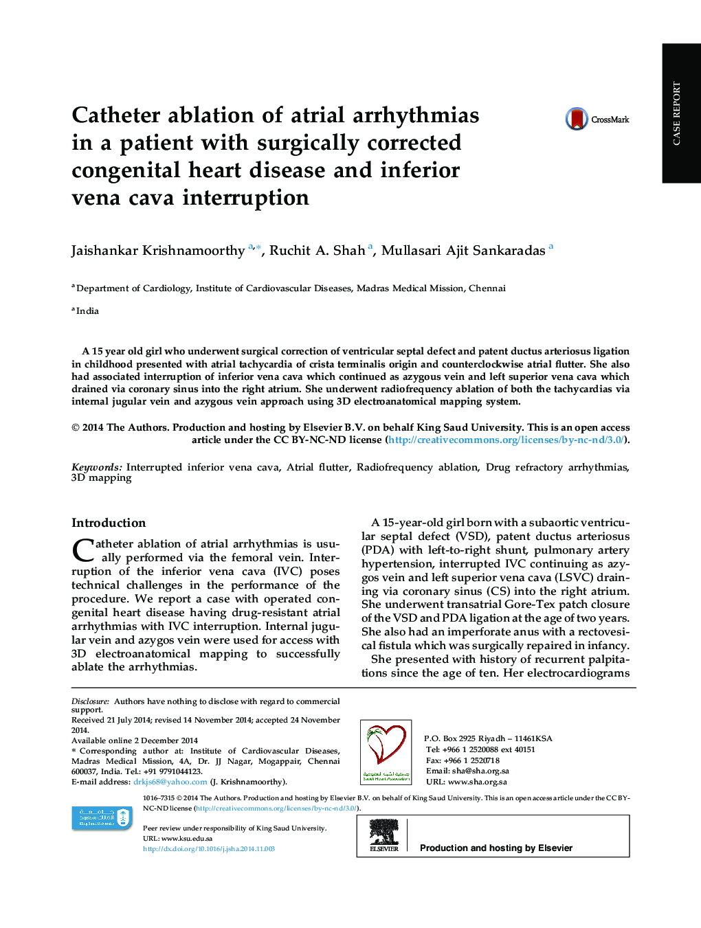 Catheter ablation of atrial arrhythmias in a patient with surgically corrected congenital heart disease and inferior vena cava interruption 