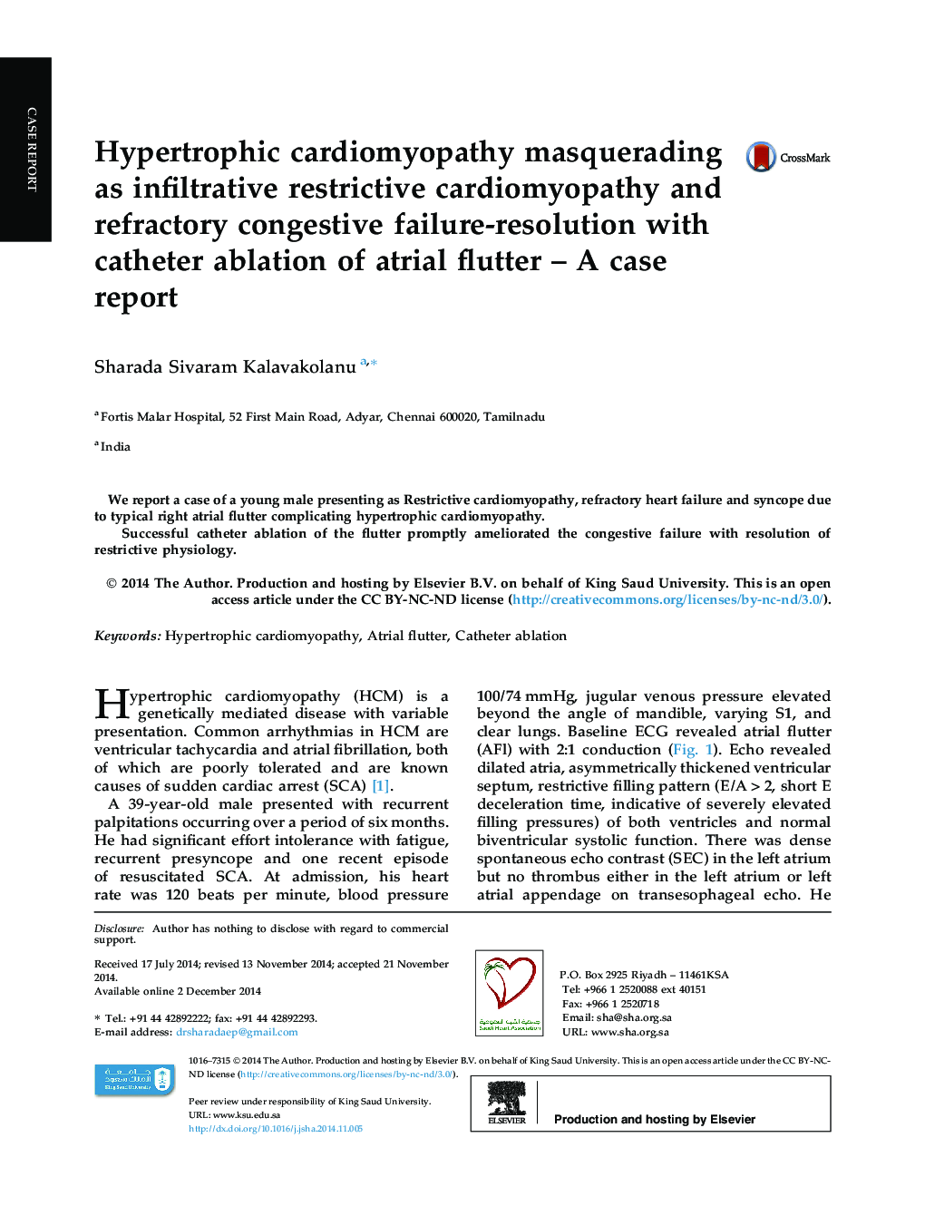 Hypertrophic cardiomyopathy masquerading as infiltrative restrictive cardiomyopathy and refractory congestive failure-resolution with catheter ablation of atrial flutter – A case report 