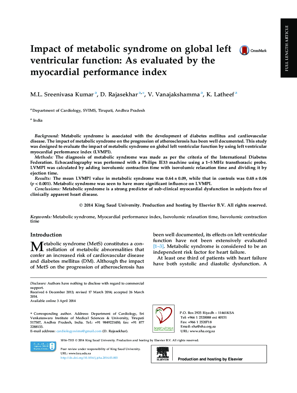 Impact of metabolic syndrome on global left ventricular function: As evaluated by the myocardial performance index 