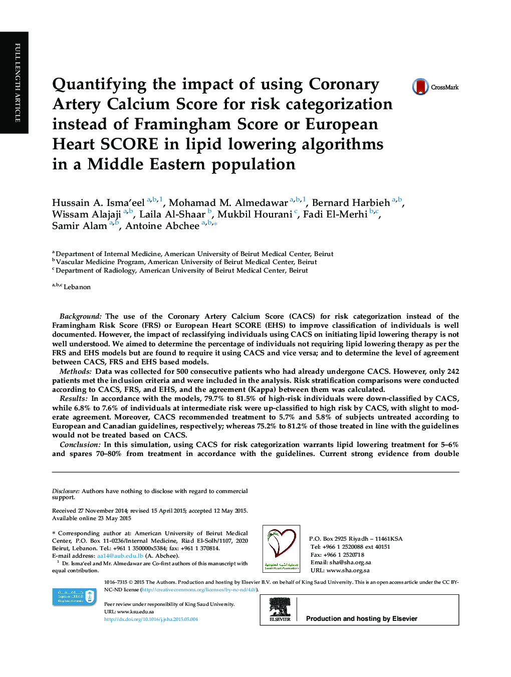 Quantifying the impact of using Coronary Artery Calcium Score for risk categorization instead of Framingham Score or European Heart SCORE in lipid lowering algorithms in a Middle Eastern population 