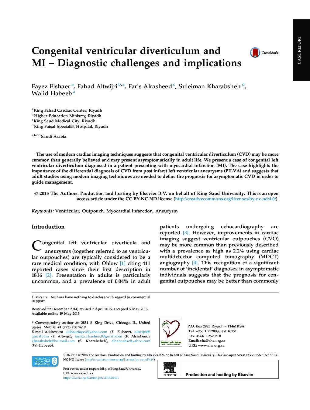 Congenital ventricular diverticulum and MI – Diagnostic challenges and implications 