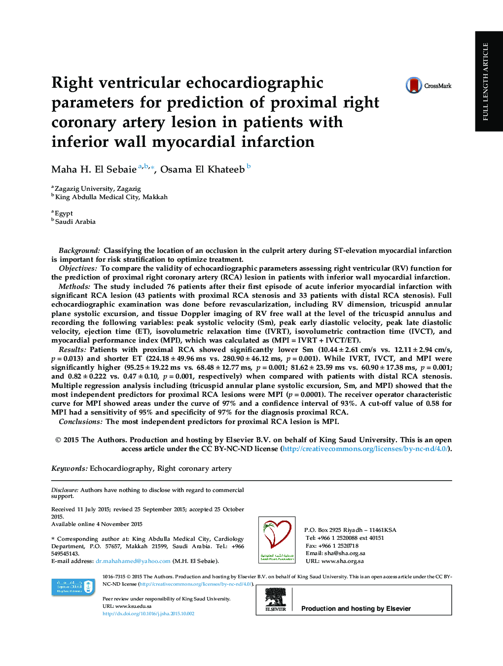 Right ventricular echocardiographic parameters for prediction of proximal right coronary artery lesion in patients with inferior wall myocardial infarction 