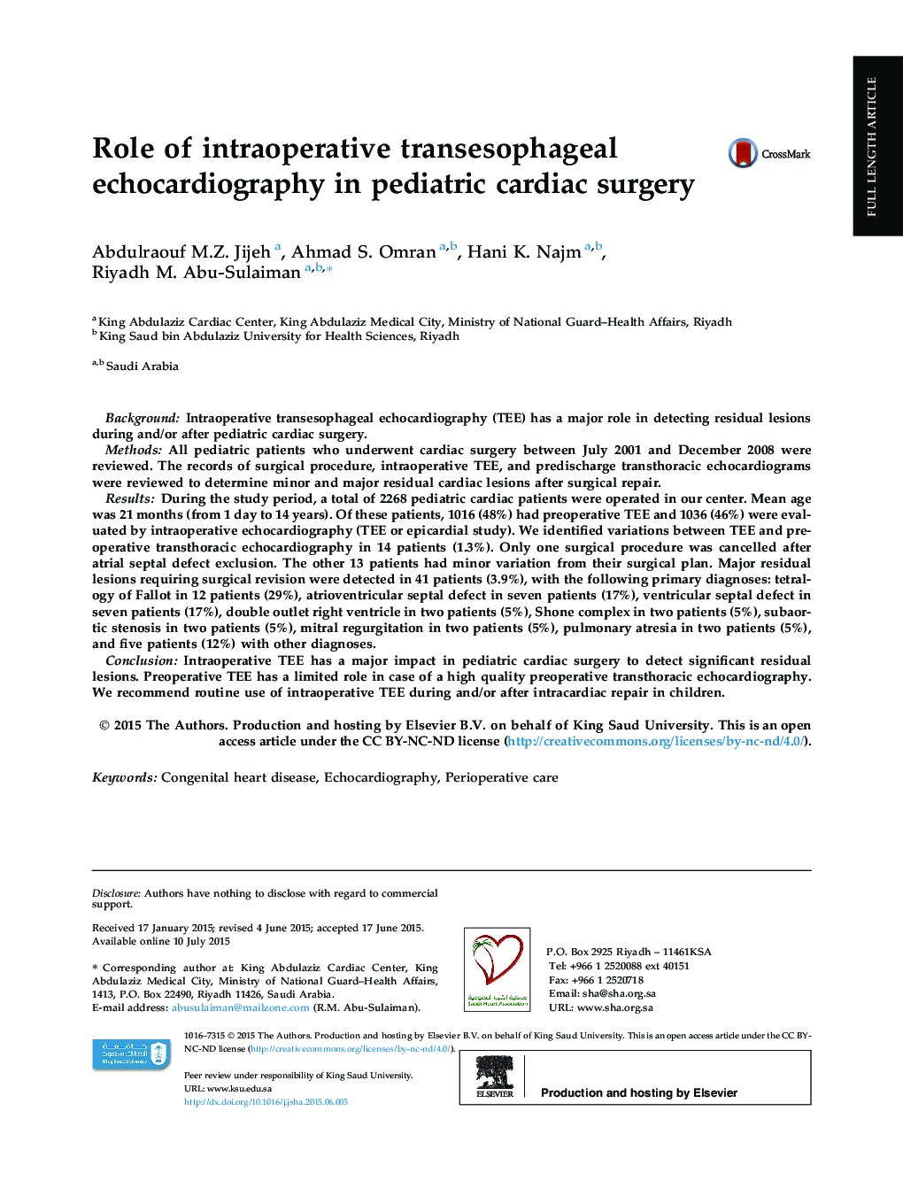 Role of intraoperative transesophageal echocardiography in pediatric cardiac surgery 