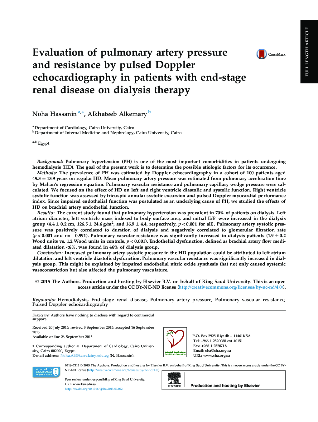 Evaluation of pulmonary artery pressure and resistance by pulsed Doppler echocardiography in patients with end-stage renal disease on dialysis therapy 