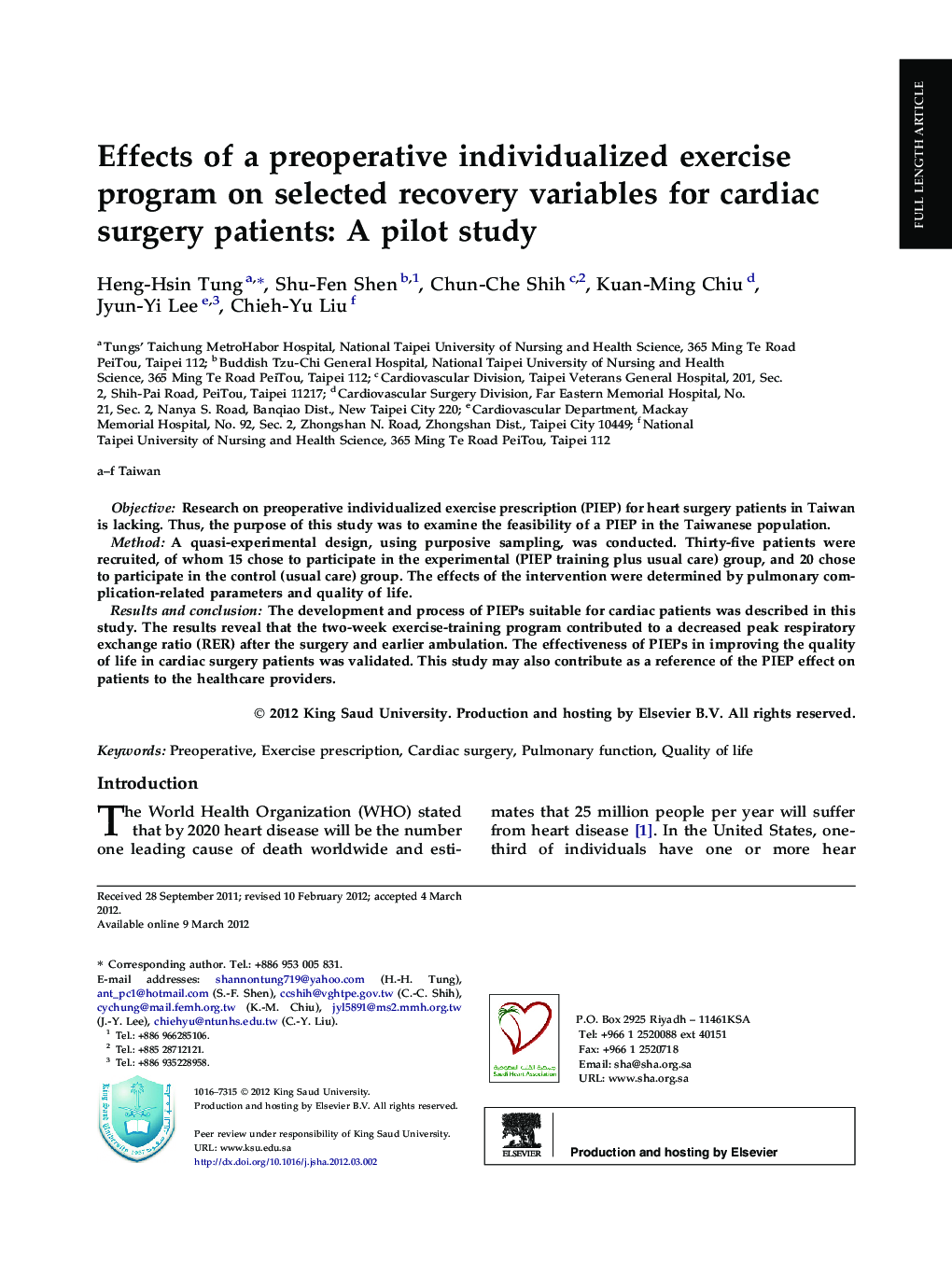Effects of a preoperative individualized exercise program on selected recovery variables for cardiac surgery patients: A pilot study 